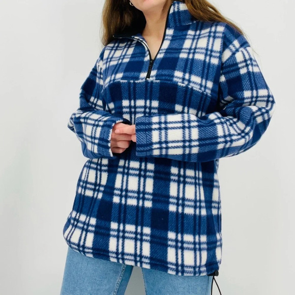vintage granola girl blue plaid campfire pullover quarter zip fleece sweatshirt - Picture 6 of 7